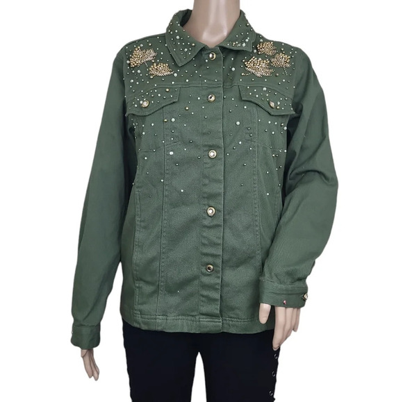 Quacker Factory Jackets & Blazers - Quacker Factory Embellished Rhinestones Green Jacket Button Up